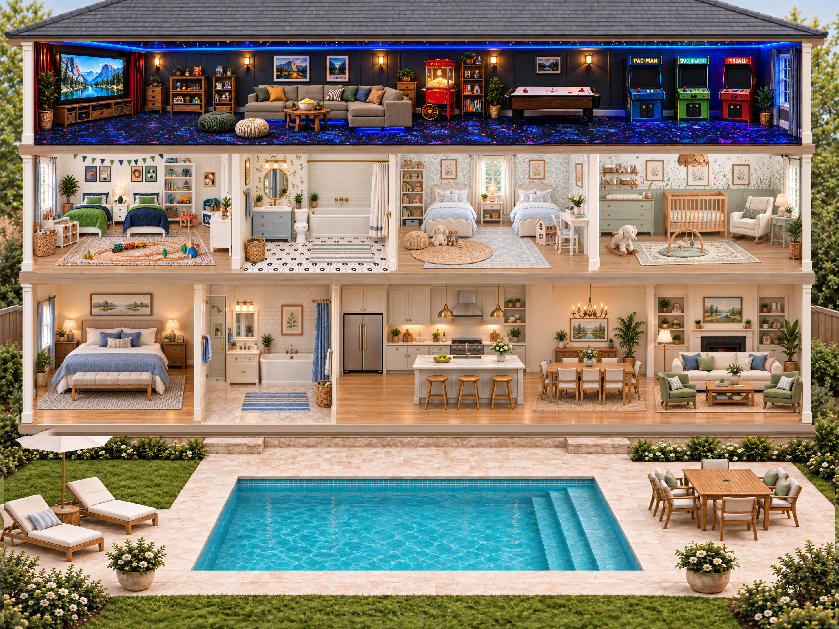 The open four-bedroom miniature house, movie room and arcade, two bathrooms and pool patio