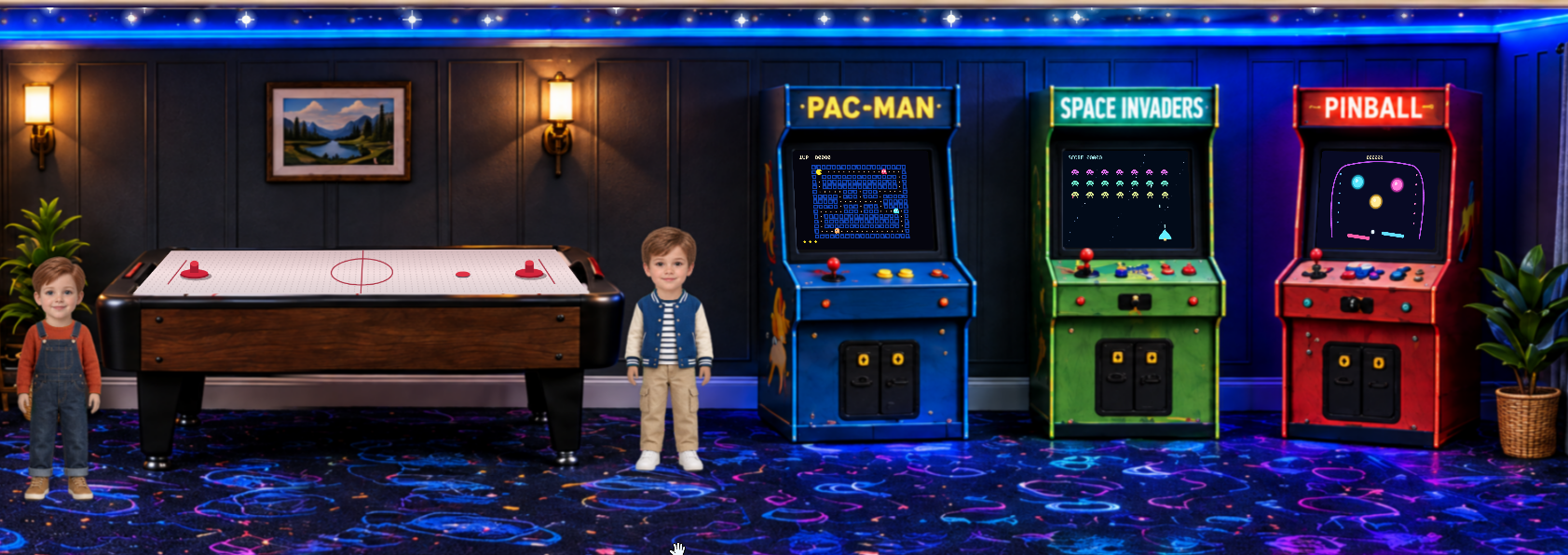 Children in the arcade with air hockey and colorful game machines.