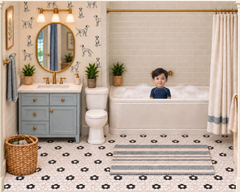 A child in the upstairs bathtub, with bubbles, a blue vanity and spotted-dog wallpaper.
