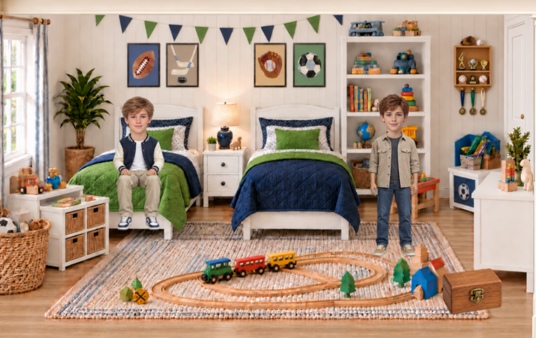 Two boys in their room with twin beds, a train set, shelves of toys and sports trophies.