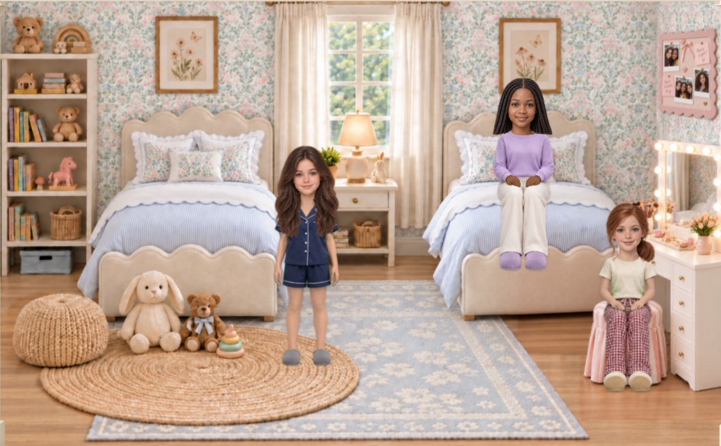 Sophia and friends in their bedroom with the illuminated vanity.