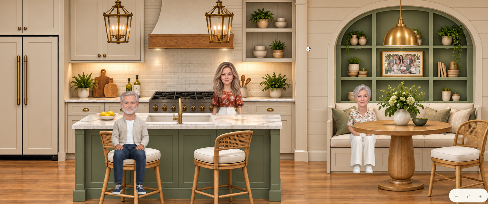 Stephanie in the kitchen, Gavin at the island and Alison at the breakfast table.
