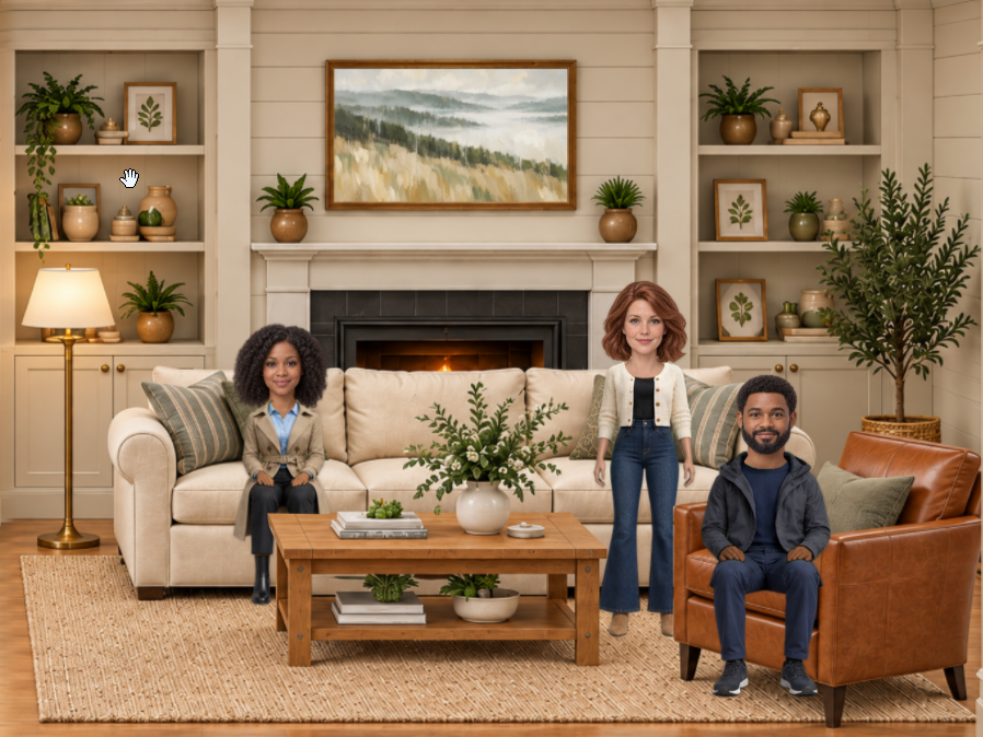Three grown-up dolls gathered around the living-room fireplace and coffee table.