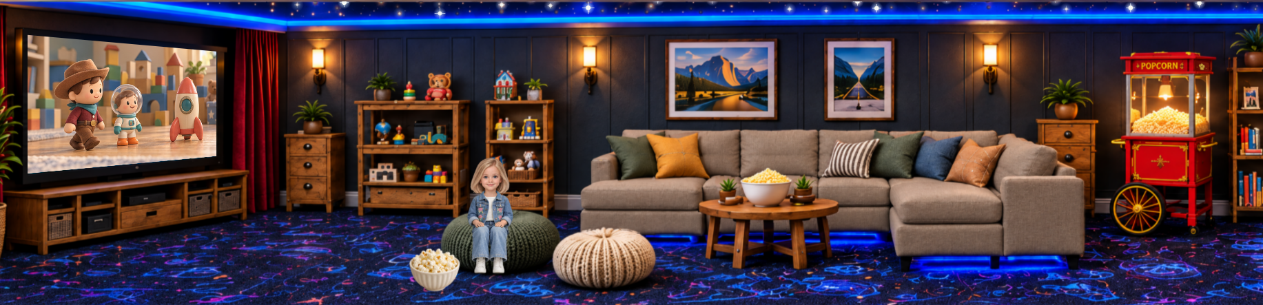 The movie room, with a big screen, sofa and popcorn cart.