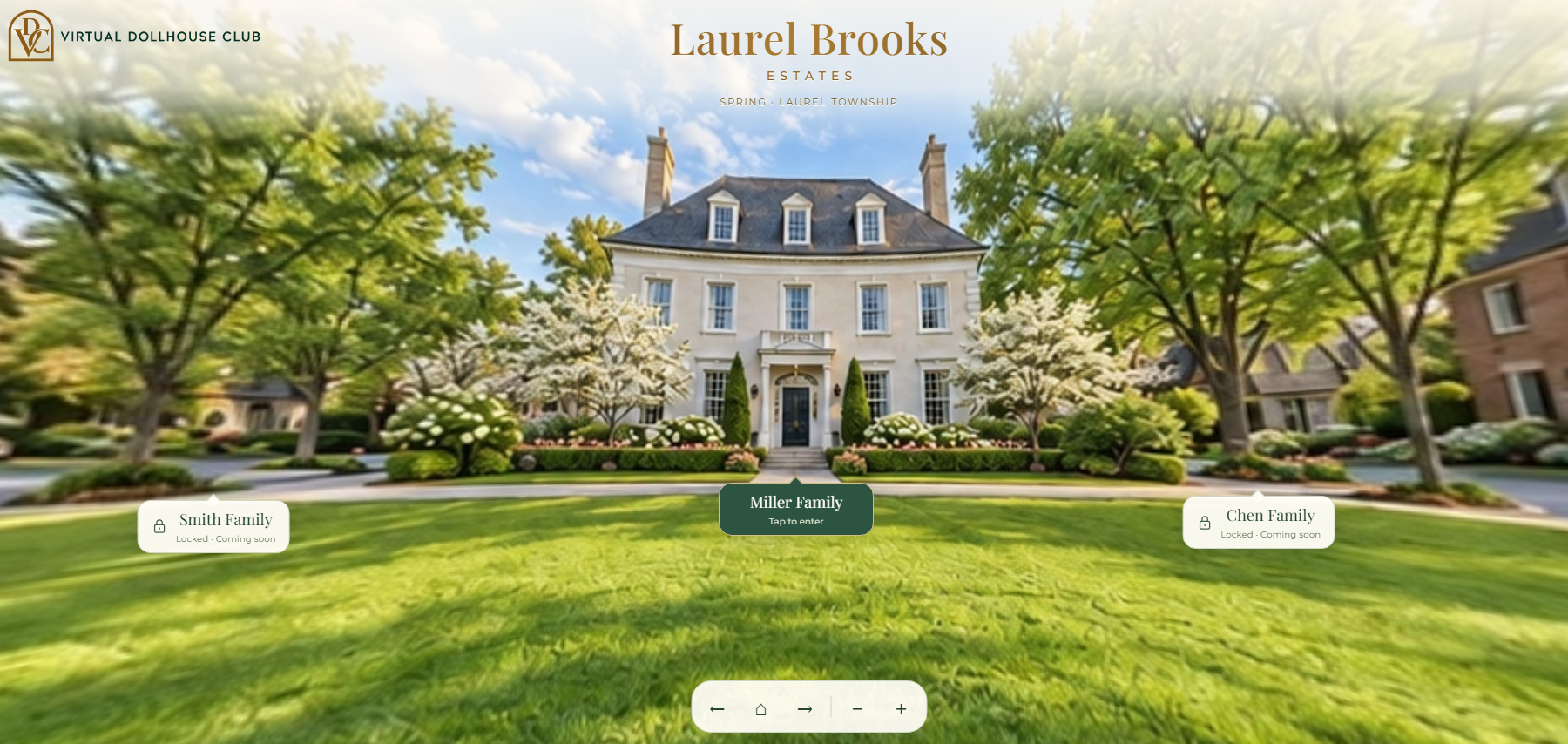 Laurel Brooks Estates arrival screen, with the Miller home ready to enter and other family homes marked coming soon.