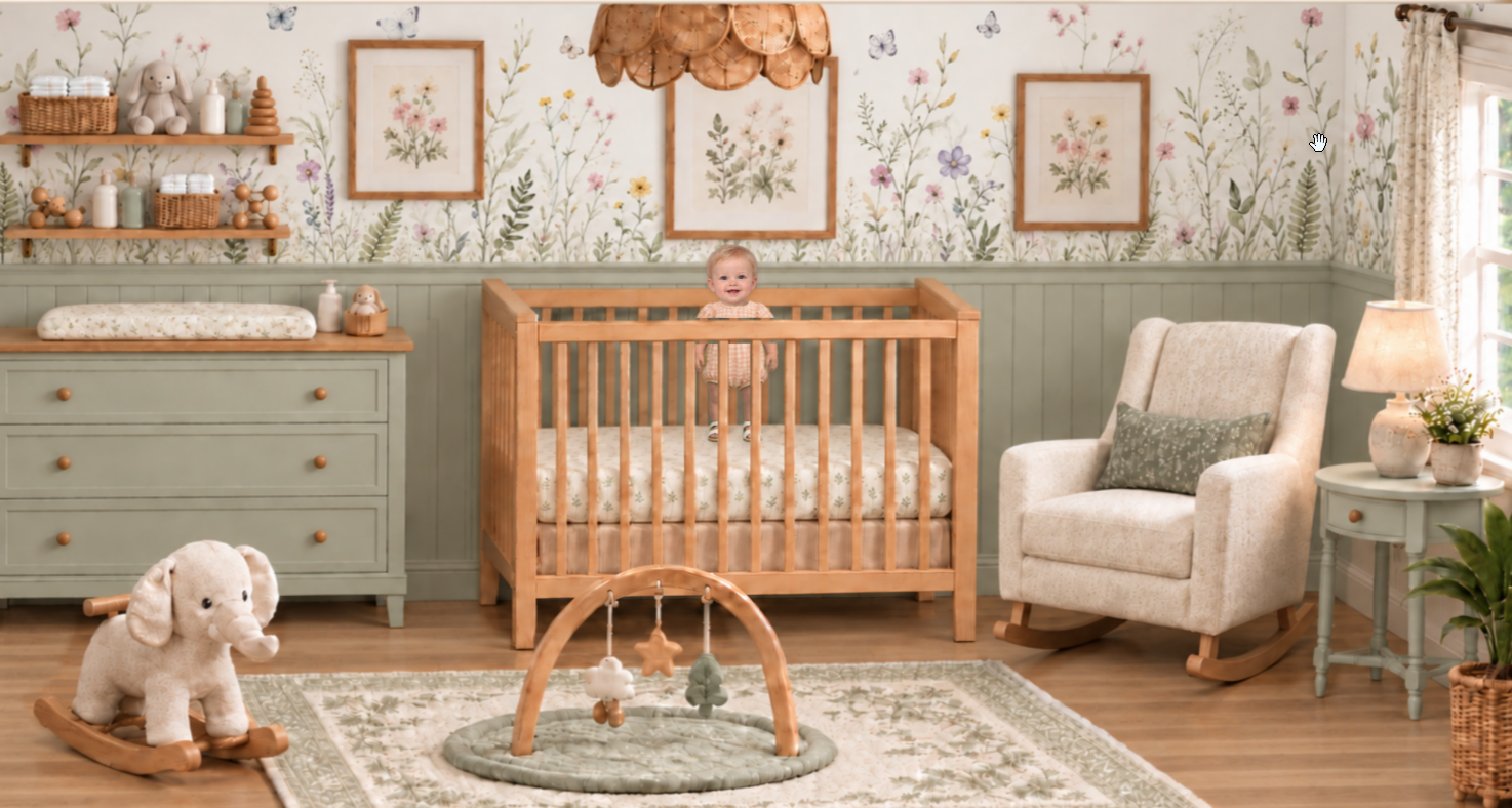 The complete nursery with a baby in the wooden crib, botanical wallpaper, changing table and rocking chair.