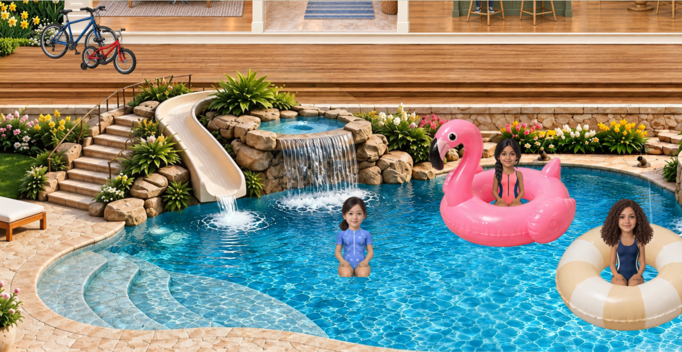 Kids enjoying the swimming pool, slide and colorful floats.