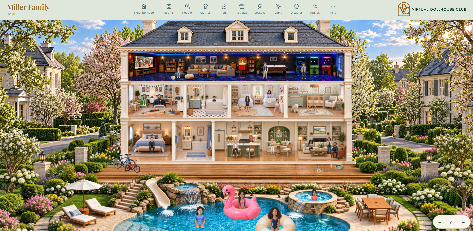 The complete spring dollhouse scene, with furnished rooms, dolls and children playing in the pool.